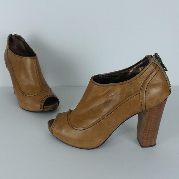 Apepazza Pavia Bootie 8.5 Tan Chunky Heel Distressed Leather Peeptoe Shoes‎ Y2K - Picture 2 of 12